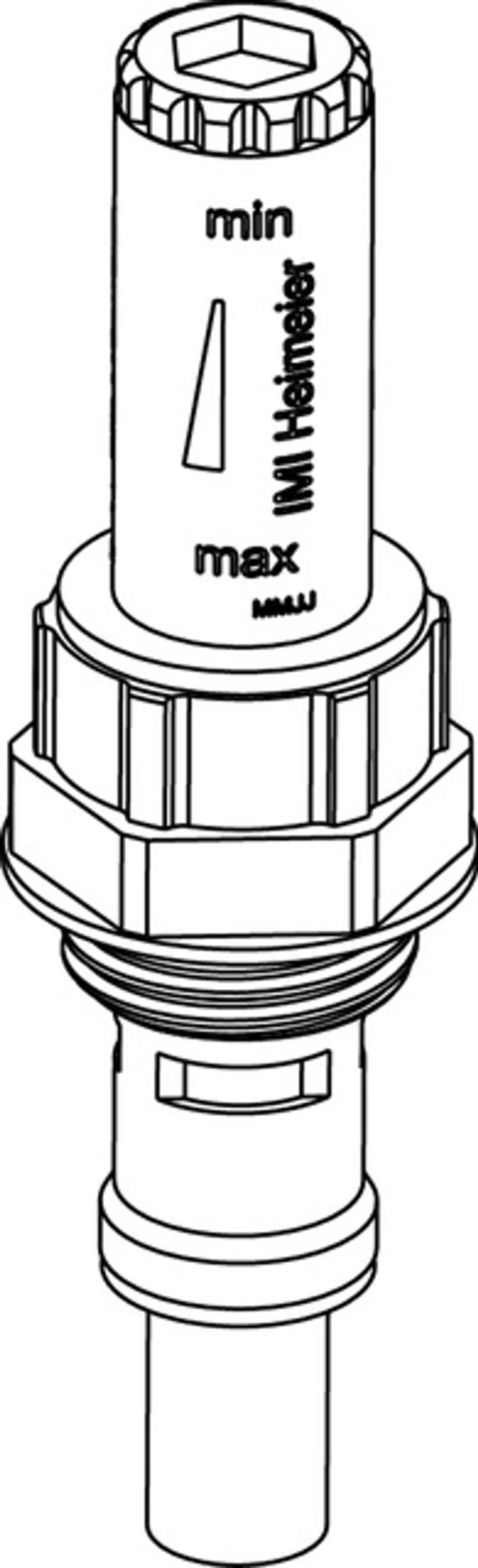 Durchflussanzeiger mit einstellbarer Skala von min bis max, hergestellt von IMI Hydronic Engineering, mit zylindrischem Körper und Anschlussgewinde.